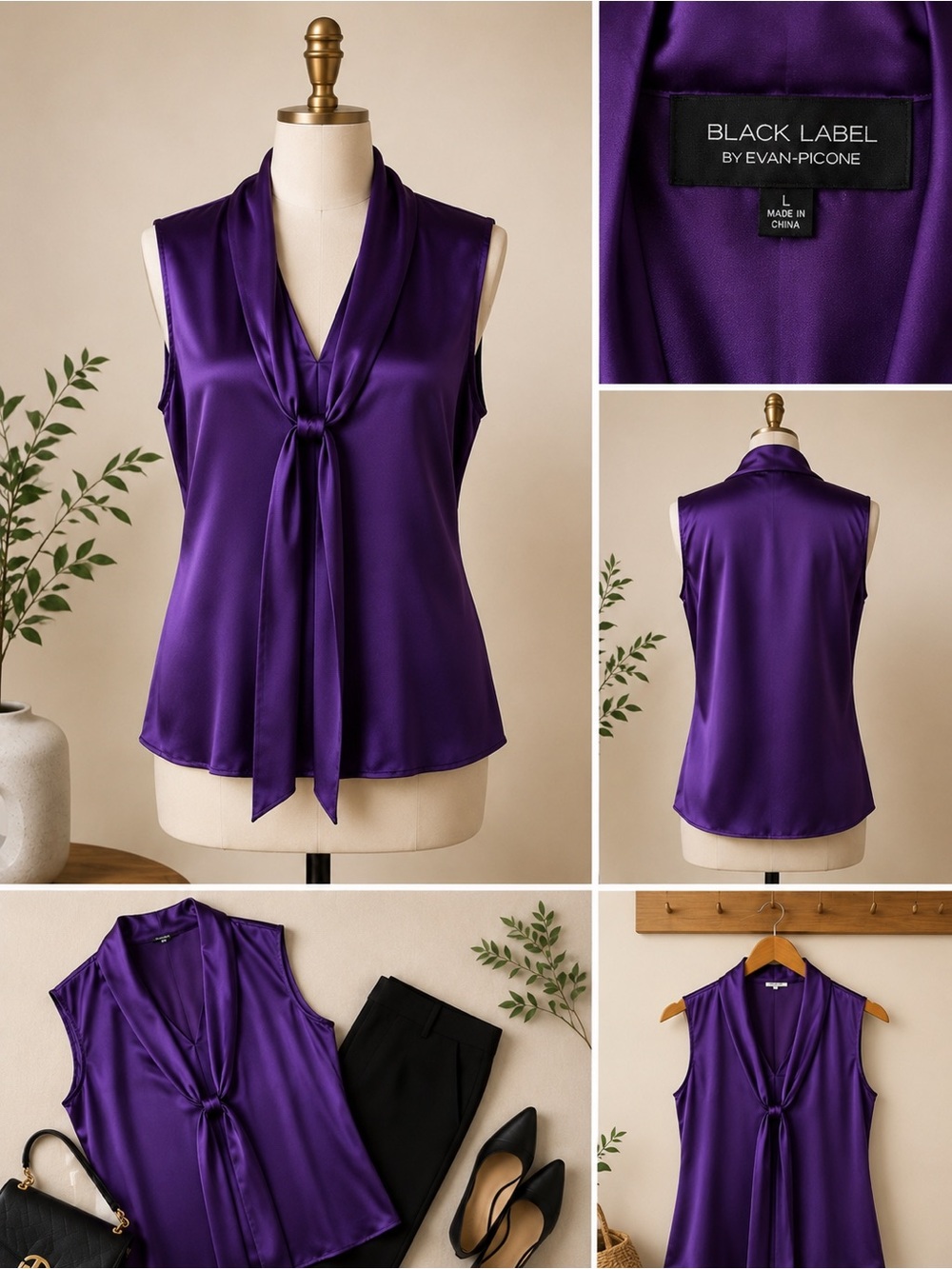 Evan Picone Black Label Purple Satin Tie-Neck Sleeveless Blouse